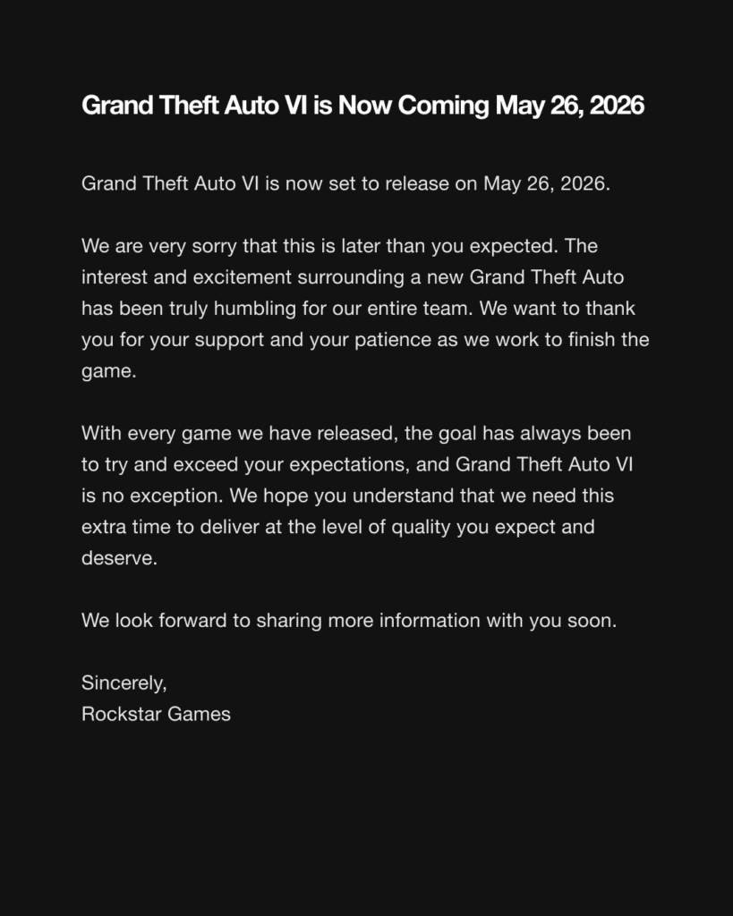 Es Oficial: GTA 6 se Lanzará en Mayo de 2026 y Aquí Está Todo lo Que Sabemos 2 Rockstar confirma que GTA 6 llegará en mayo de 2026. Descubre todos los detalles del retraso, su historia, y qué esperar del juego más esperado del siglo.